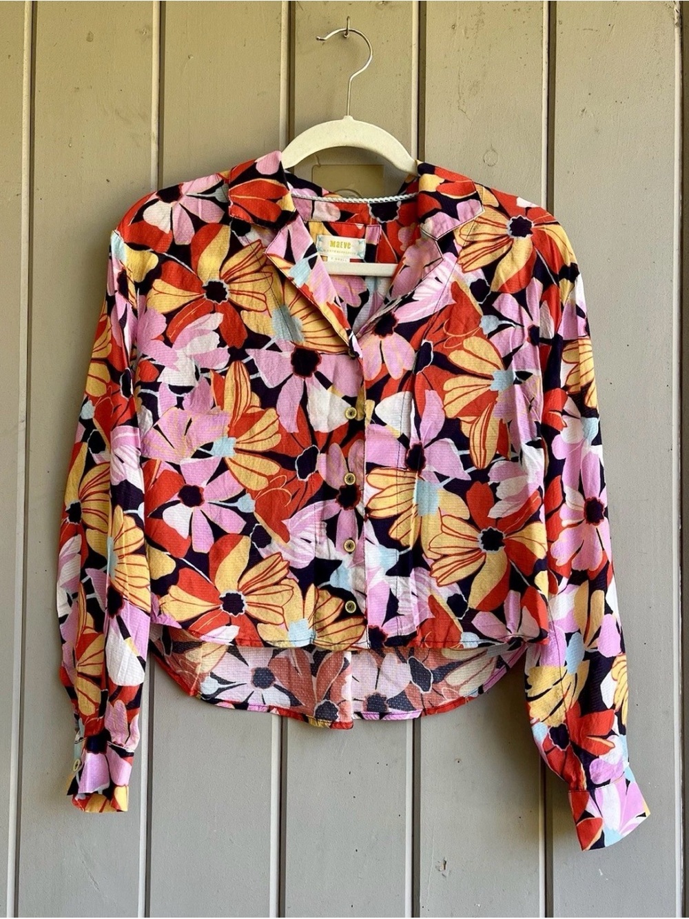 Anthropologie Maeve Blouse Bright Floral Print L/S Crop Sz XS